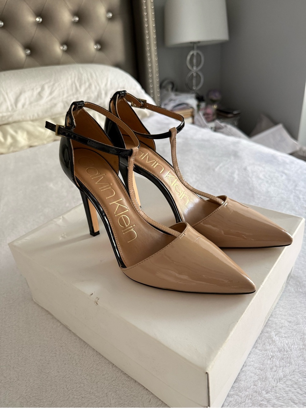 Calvin Klein - Bayna; Nude Patent Pointed-Toe T-Strap Pumps w/ Black Ankle Strap